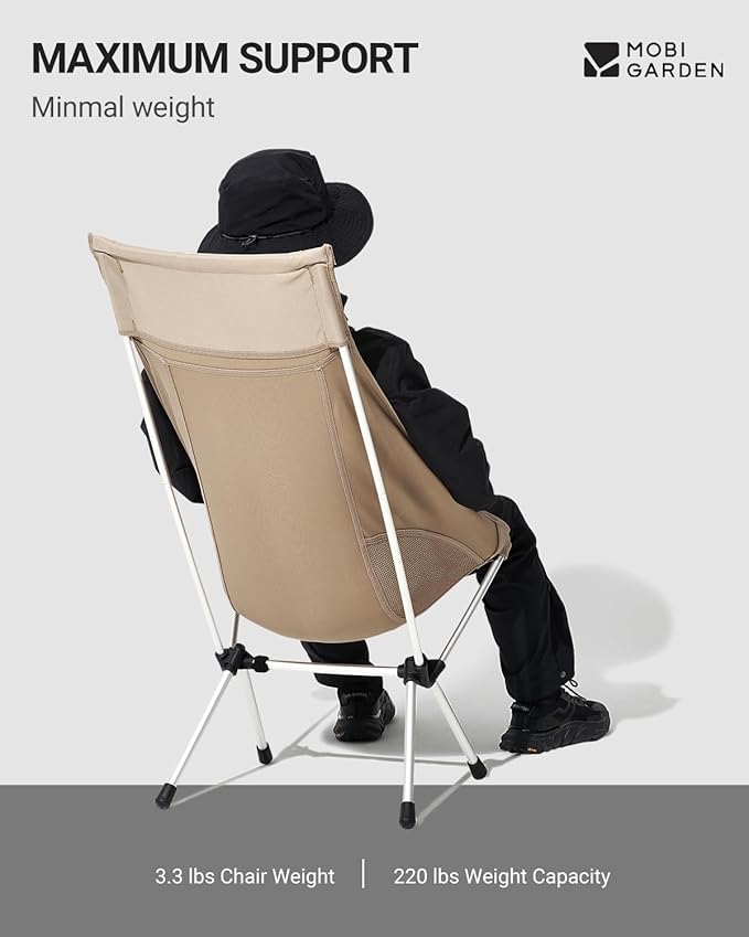 Mobi Garden High Back Camping Chair Ultralight Hiking Chair with 7075 Aluminum Frame Portable Lawn Chair with Breathable Mesh Sides &amp Attached Carry Bag for Hiking Backpacking and Festivals W