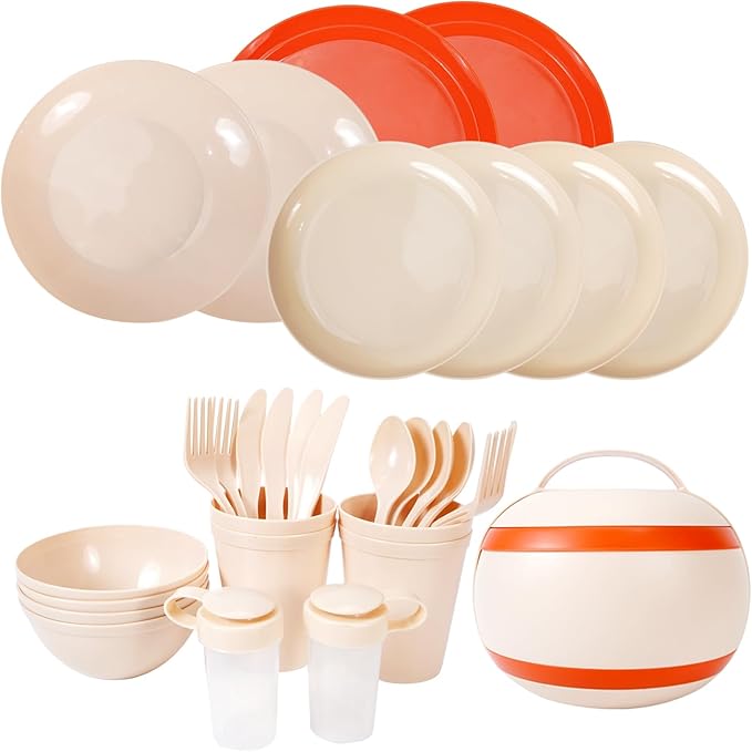 Camping Dishes Picnic Set Camping Plates Cups and Bowls Set 31 PCS Plastic Dish Set for 4 Portable Dinnerware Set for BBQ RV Travel Dorm Camping Mess Kit Picnic Essentials Not Microwave Safe