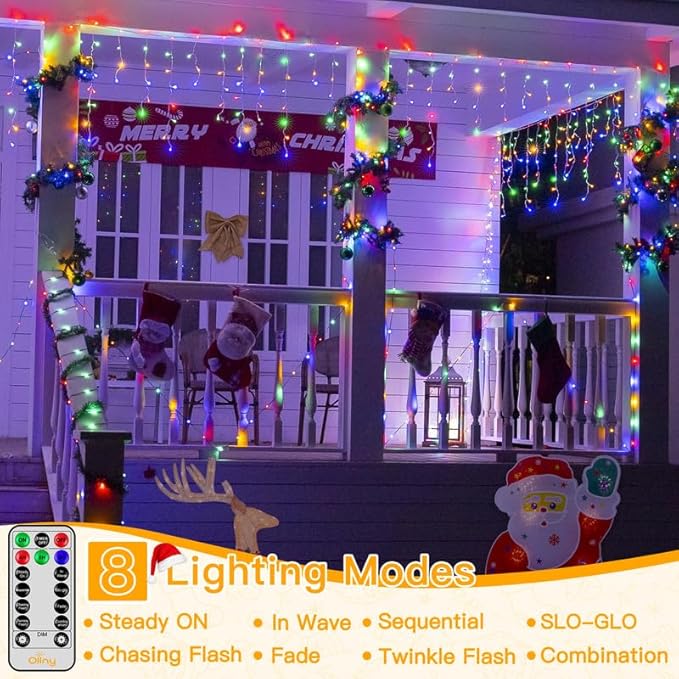 Ollny Icicle Lights for Outside 504LED 41FT Multicolor Christmas Light with Remote 8Modes Timers Waterproof Plug in Connectable Hanging Lights for Outdoor Indoor House Roof Holiday
