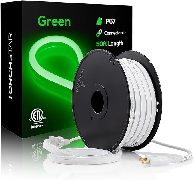 TORCHSTAR Premium 50ft LED Neon Rope Lights Easter &amp Spring Decoration Outdoor IP67 Waterproof 120V UL Plug ETL Listed Connectable Neon Light Strip for Shop Sign Max 3 Sets(150FT) Green Ligh