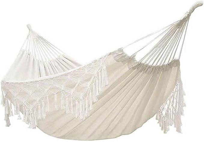 Garden Hammock Double-Sized with Elegant Tassels and Fishtail Knitting White Hammock Includes Tie Ropes Easy to Store Perfect for Indoor and Outdoor Use