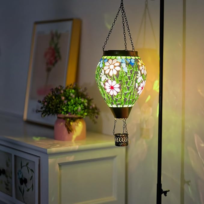 Mosica Hot Air Balloon Solar Lantern Flower Pattern Glass Hanging Solars Lanterns Outdoor Waterproof Decorative Solar Light for Garden Yard Patio Decor