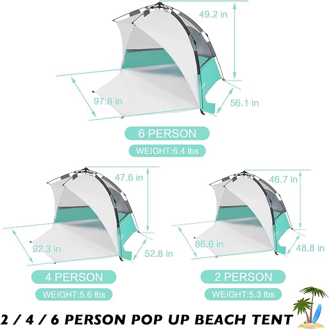 Beach Tent Pop Up Shade Instant Beach Tents Sun Shelter with UPF 50+ UV Protection Lightweight &amp Easy Setup Tent 2-6 Person