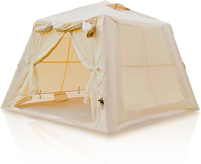 Donext Inflatable Camping Tent 4-Season Glamping Tent with Stove Jack Mesh Windows Easy Setup Windproof Cotton Outdoor Tent with Hand Pump