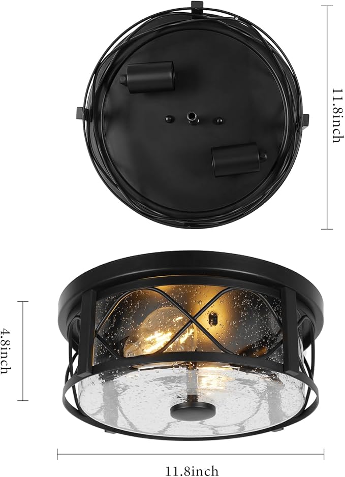 Rustic Close to Ceiling Light Fixtures Farmhouse Flush Mount Ceiling Lighting Metal Cage Lighting with Seeded Glass Black Cage for Home Kitchen Dining Room Bedroom Hallway Entryway Foyer