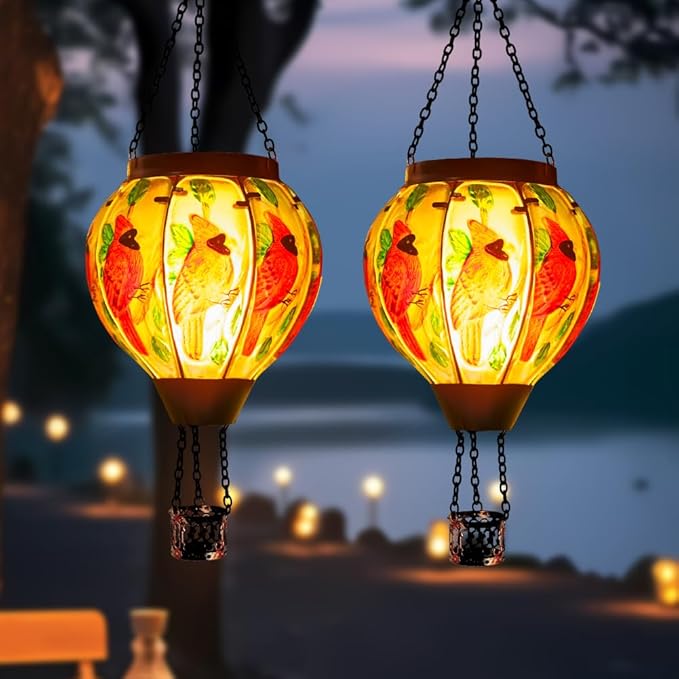 2 PCS Cardinal Hot Air Balloon Solar Lantern with Flickering Flame LightGlass Hanging Solar Lights Outdoor Waterproof for Patio Yard Party Gift Decor