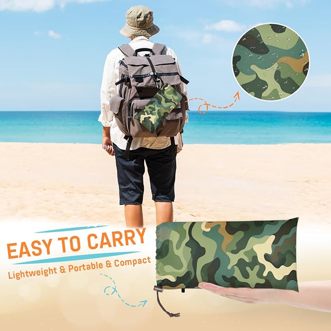 Waterproof Sandproof Beach Blanket 59''×68'' Camouflage Polyester Outdoor Picnic Blanket with 4 Stakes &amp Storage Bag for BeachCampingVacation Greener
