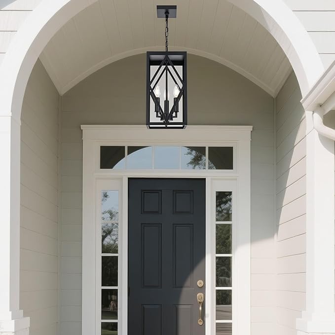 15.7'' Outdoor Pendant Light for Porch 3-Lights Metal Black Outdoor Chandelier Exterior Hanging Porch Light Fixtures w/Clear Glass Outside Pendant Lantern for Front Door Entryway E12 Base