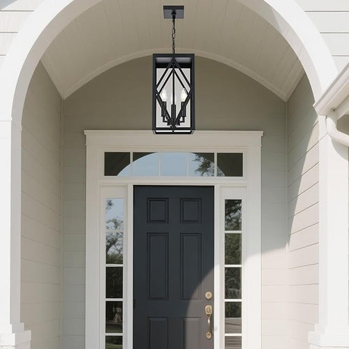 15.7'' Outdoor Pendant Light for Porch 3-Lights Metal Black Outdoor Chandelier Exterior Hanging Porch Light Fixtures w/Clear Glass Outside Pendant Lantern for Front Door Entryway E12 Base