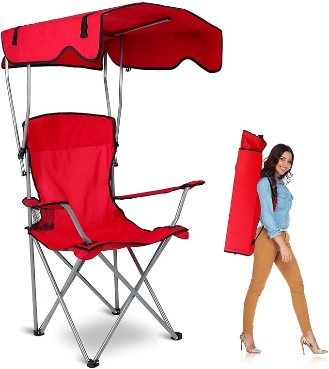 Camp Chair with Shade Canopy Heavy Duty Folding Camping Lawn Chair with Cup Holder UPF 50+ Sun Protection Portable Beach Lounge Chair for Outdoor Sports Support 330 LBS (Red)