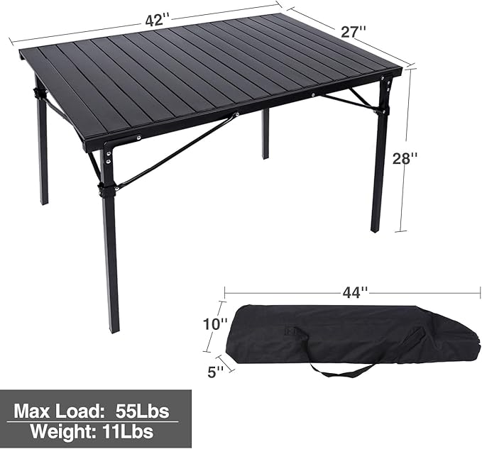 REDCAMP Roll Up Camping Tables That Fold Up Lightweight Portable Compact Metal Camp Table for Grill Outdoor Picnic Black Long