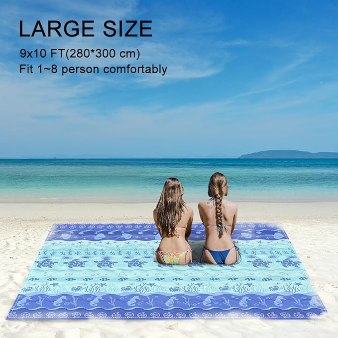 Beach Blanket Waterproof Sandproof Oversized 9 Ft X 10 Ft Sand Free Extra Large Beach Mat with 4 Corner Pockets and Stakes Lightweight Portable for Beach Picnic Travel Camping Outdoor