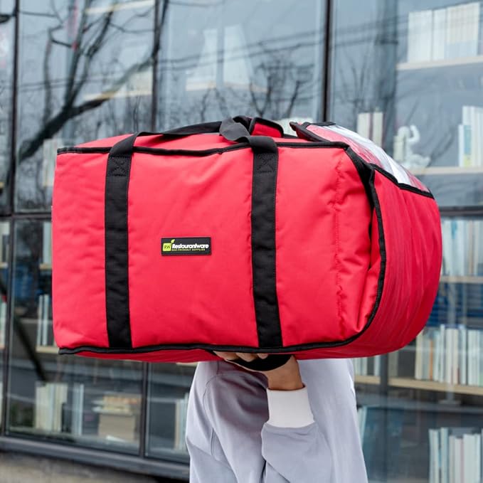 Delivery Tek 16.5 x 18 x 6.5 Inch Insulated Pizza Bag 1 Durable Delivery Bag - Holds (2) 16 or (3) 14 Pizza Boxes Red Polyester Cater Bag Extra-Large Flap Machine Washable