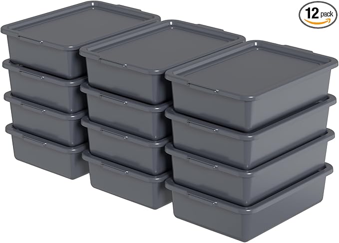 12 Packs Plastic Bus Tub with Lids 13 L Commercial Bus Box Gray