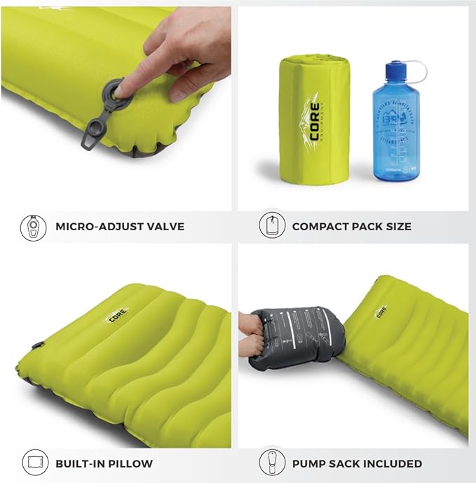 CORE Sleeping Pad for Camping | Perfect Ultralight Sleeping Mat for Tents &amp Camping Gear | Lightweight &amp Inflatable Blow Up Mattress for Travel Hiking &amp Outdoor Use