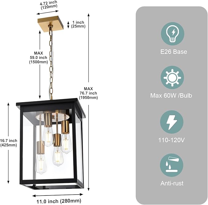 4-Light Outdoor Pendant Light Black and Brass Hanging Lantern with Clear Glass Height Adjustable Exterior Porch Light Fixture for Patio &amp Entryway E26 Base Damp Rated