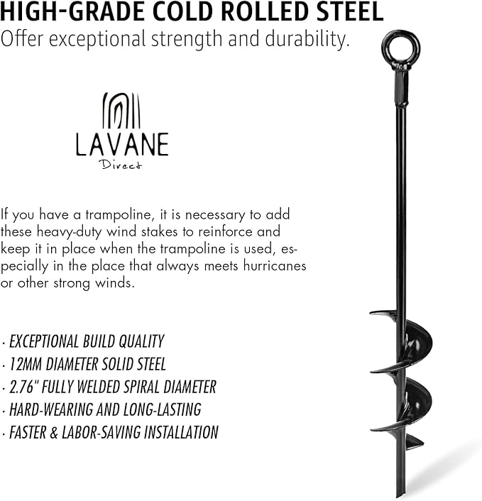 18 inch Trampoline Stakes Kit LA VANE 4-Pack Spiral Ground Anchors Tent Stakes Heavy Duty Screw in Earth Anchors High Wind Metal Auger Anchor for Shed Swing Sets Carports Camping Tent Canopies