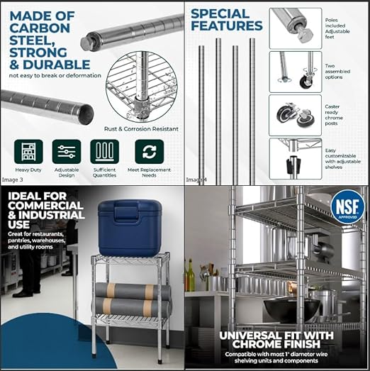 Stainless Steel Chrome Wire Shelving Posts – Set of 4 Poles (86) – Heavy Duty Commercial Grade for Wire Racks &amp Storage Shelving Units