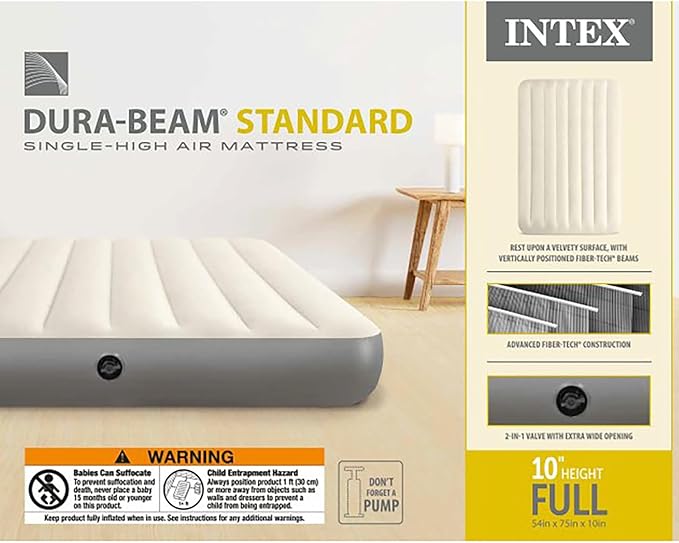 Intex Dura-Beam Air Mattress 64102E Single-High | Fiber-Tech | Full Size | 10in Height | 600lb Capacity | Pack of 3