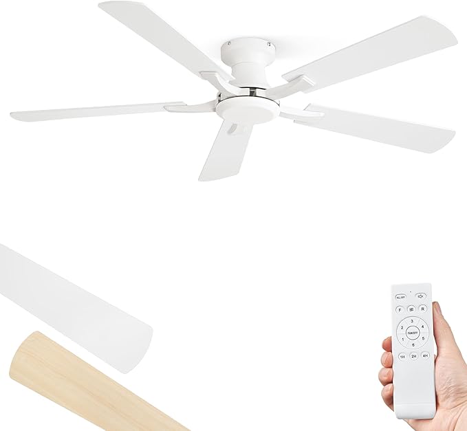 ZMISHIBO 52 Inch Ceiling Fan No Light Flush Mount Low Profile Modern White Ceiling Fan Without Light Remote Control &amp Quiet DC Motor for Indoor&ampOutdoor Bedroom Living Room