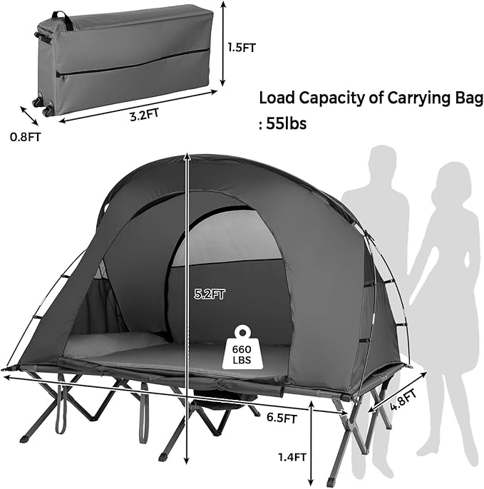 Tangkula 2-Person Tent Cot 4-in-1 Folding Tent with Waterproof Rainfly Self-Inflating Mattress &amp Roller Carrying Bag Portable Off Ground Elevated Tent with Shoe Storage Pocket &amp Lamp Hook