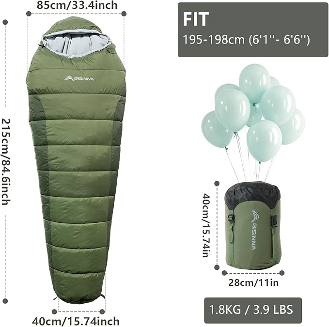 BISINNA Mummy Sleeping Bag for Adults 14-41℉ Cold Weather 3-4 Season Camping Sleeping Bags with Compression Sack for Backpacking Hiking Traveling