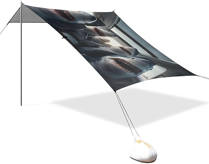 ALAZA Sharks Driving Funny Animals Beach Tent Sun Shelter UPF50+ Protection Beach Shade Canopy w/ 4 Sandbags for Outdoor Camping Fishing Backyard Fun Picnic 10x9 ft