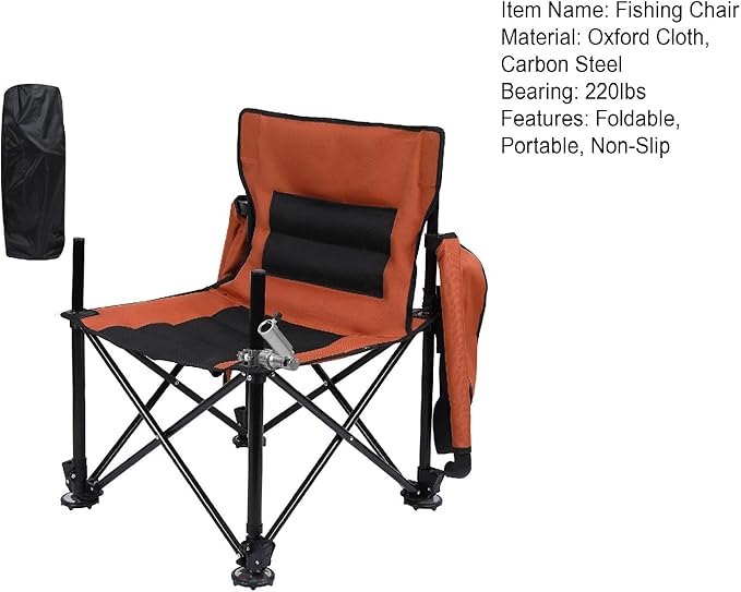Heavy Duty Folding Fishing Chair 220LBS Load Capacity Portable Compact Camping Chair with 2 Detachable Rod Holders Adjustable Legs Storage Bags &amp Non-Slip Feet for Outdoor Fishing Beach