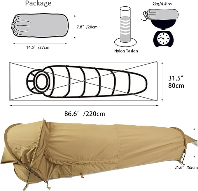MT Military Hideaway Bivy Cover Stealth Compact Single-Pole Hooped Tent for Modular Sleeping Bags with Mosquito Bug Net MeshWaterproof Breathable Outer Shell Minimalist Shelter