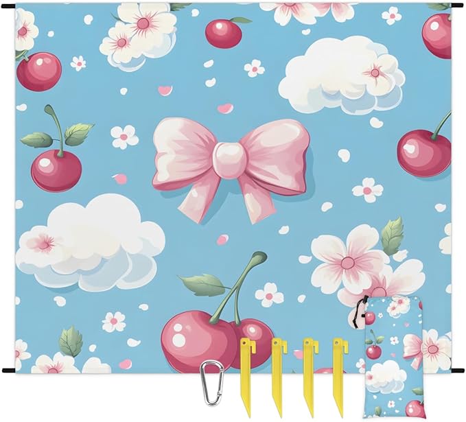 Waterproof Sandproof Beach Blanket 59''×68'' Cherry Decorations Polyester Outdoor Picnic Blanket with 4 Stakes &amp Storage Bag for BeachCampingVacation Blue