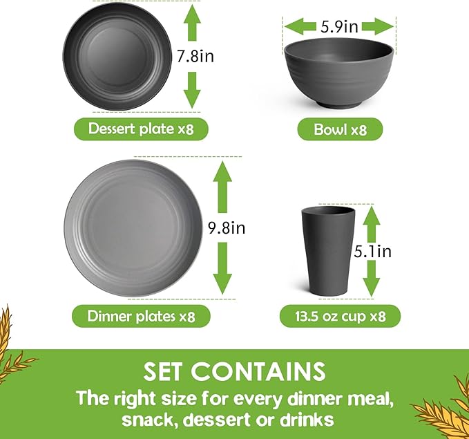 Teivio 32-Piece Kitchen Plastic Wheat Straw Dinnerware Set Service for 8 Dinner Plates Dessert Plate Cereal Bowls Cups Unbreakable Colorful Plastic Outdoor Camping Dishes Gray Ombre