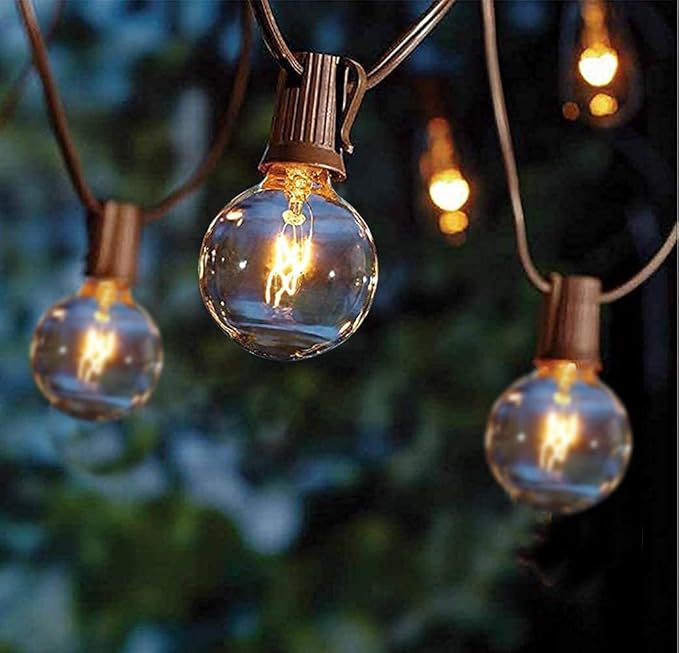 Abeja 25Ft Outdoor Patio String Lights with 27 Clear G40 Bulbs UL Listed for Porch Bars Deck Wedding Party Markets Decor 5W E12 Socket Base Brown