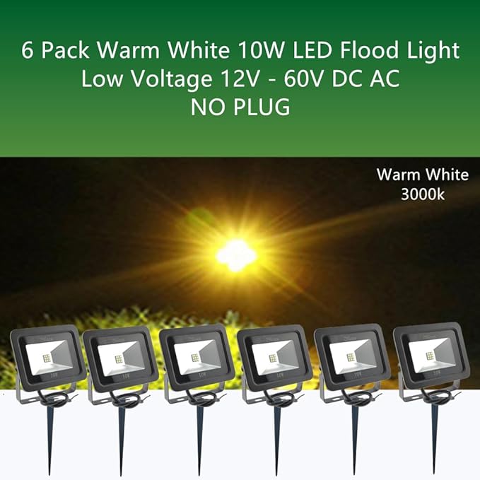6 Pack Warm White 10W LED Flood Light Outdoor Waterproof IP65 Wall Security Landscape Lamp Home Square Yard Garage Street Pathway Spike Stand Low Voltage 12V 24V 36V 48V 60V DC AC