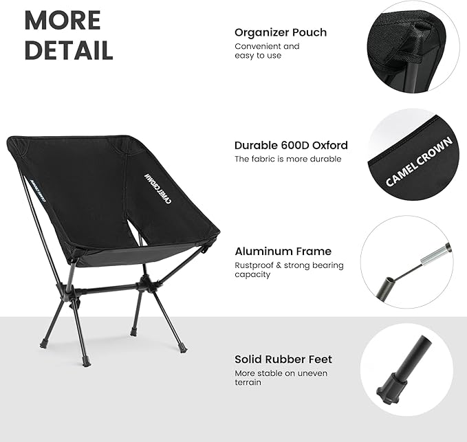 CAMEL CROWN Portable Camping Chair Folding Compact Lawn Lightweight Backpacking Chair with Carry Bag for Outdoor Hiking Beach Travel Picnic Festival Black 2pc