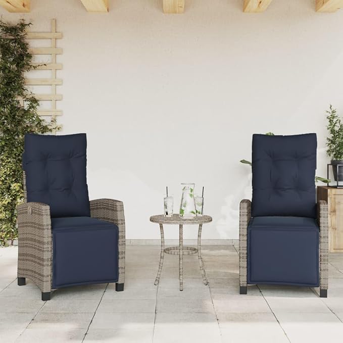 Reclining Patio Chairs 2 pcs with Footrest Gray Poly Rattan Adjustable Backrest Outdoor Lounge Chairs with Cushions for Garden Poolside Deck