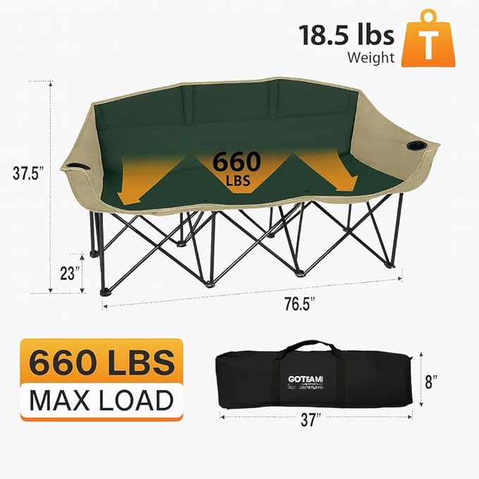 GoTEAM! Portable Folding Bench Couch – 3 Seat Collapsible Outdoor Chair with Cup Holders &amp Carry Bag – Heavy Duty 600D Nylon for Camping Sports Tailgating Beach &amp Backyard (Green/Beige)
