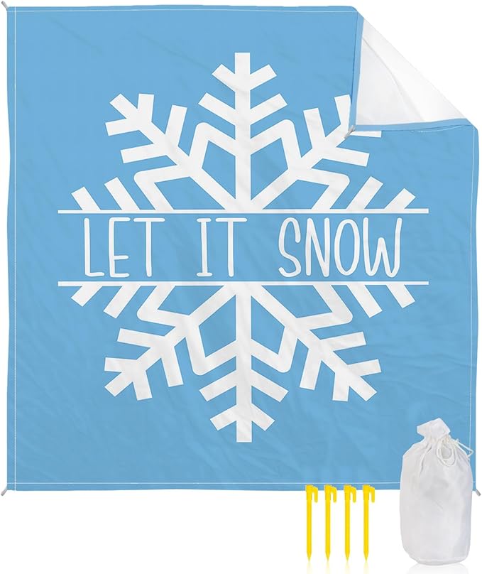 Beach Blanket Waterproof Sandproof OversizedMerry Christmas White Snowflakes Beach Mat with Corner Stakes Sand PocketsWinter Snow Blue Outdoor Picnic Mat for Travel Camping Hiking 83x79In