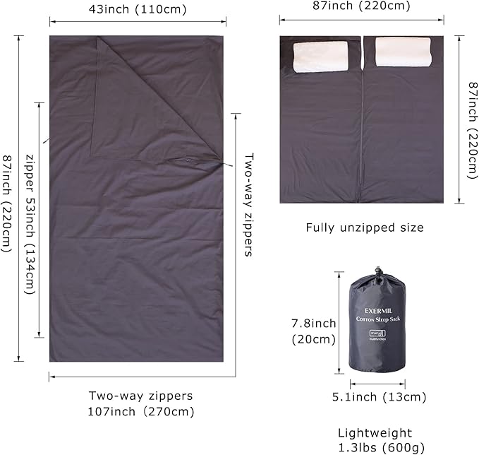 100% Cotton Sleeping Bag Liner with Full Length Zipper on 3 Sides Single/Double Adult Sleep Sack for Travel &amp Camping Multifunctional Travel Sheets (Unzipped 87”x87”) for Hotel Lightweight