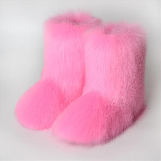 Womens Furry Faux Fur Booties Winter Warm Snow Ankle Boots Fuzzy Fluffy Furry Mid Calf Boots Outdoor Comfy Flat Shoes