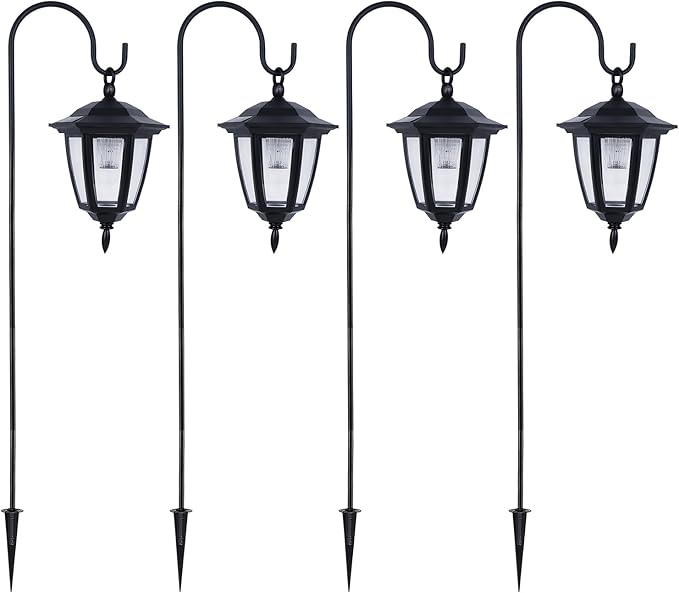Dynaming 4 Pack Solar Hanging Lights Outdoor Solar Powered Garden Decorative Lanterns with 4 x 38 Inch Shepherd Hooks Waterproof Landscape Lighting for Lawn Patio Yard Pathway Driveway Warm White