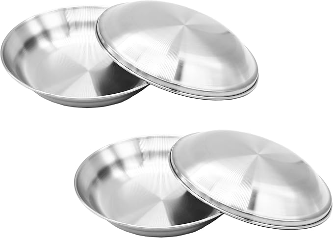 Premium 304 Stainless Steel Plate Set with Lids (2-Pack) – 8.3” Deep Metal Dinnerware for Adults &amp Kids – Durable Stackable Meal Prep Home &amp Camping Dish – Hygienic &amp Unbreakable