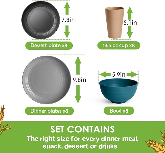 Teivio 32-Piece Kitchen Plastic Wheat Straw Dinnerware Set Service for 8 Dinner Plates Dessert Plate Cereal Bowls Cups Unbreakable Colorful Plastic Outdoor Camping Dishes Cerulean Hues