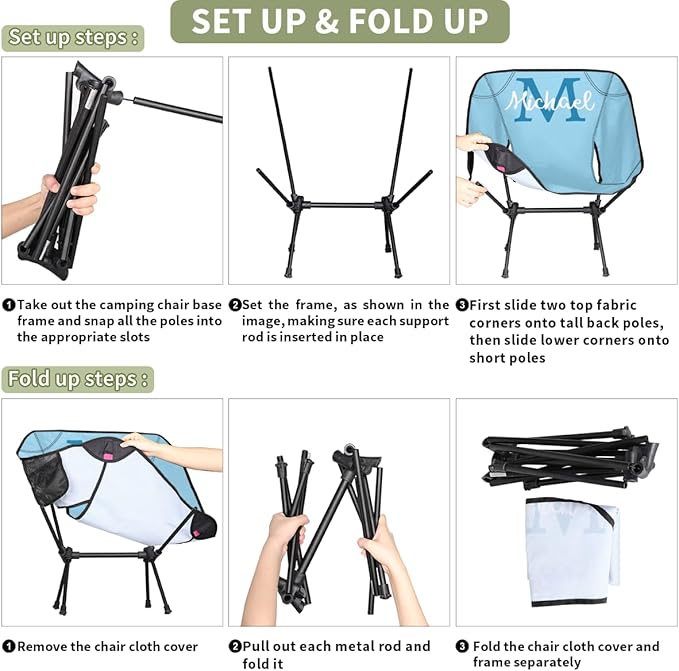 Custom Light Blue Portable Camping Chair Personalized Backpacking Chair with Name Lightweight Foldable Chairs for Hiking Beach