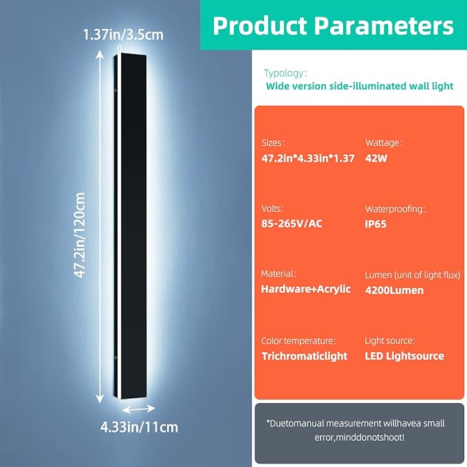Upgrade Widened 2 Pack Black Outdoor Wall Sconce 47.2inch Dimmable Modern LED Exterior Light Fixture 3000K-6000K IP65 Waterproof Long Wall Mount Lamp for Fence Garden House with Remote Control