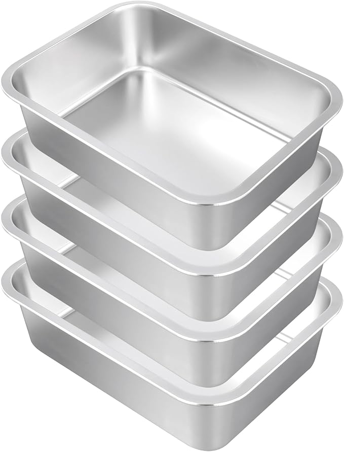 SINJEUN 4 Pack 14.1 x 10.6 x 3.9 Inches Large Rectangular Baking Pans Stainless Steel Deep Baking Pan for Baking Breads Grilling Chicken Vegetables