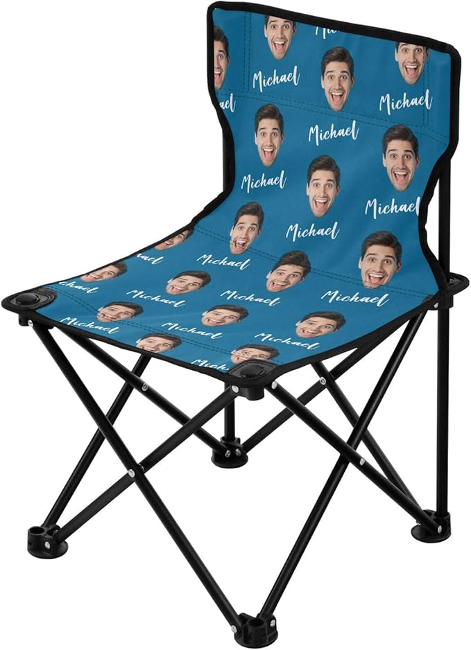 Sinestour Ice Blue Custom Photo Folding Camping Chair for Teen Child Personalized Name 14.6×14.6in Portable Outdoor Chair with Carry Bag for Beach Picnic Travel