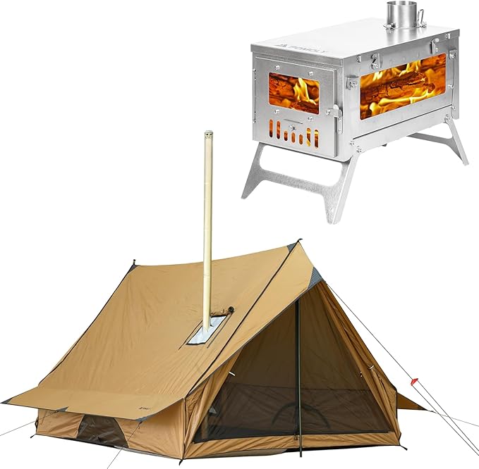 POMOLY Chalet 70 Pro Camping Hot Tent Cabin Tent and UltraFold 0.6 Portable Lightweight Titanium Stove