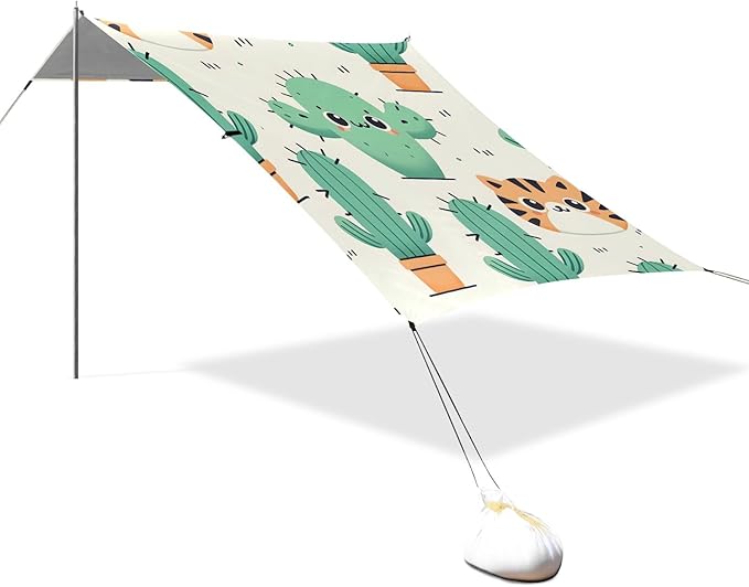 Cartoon Simple Cactus Cute Tiger Face Camping Sun Shelter Beach Tent Portable Beach Sun Shade Outdoor Canopy for Camping Trips Fishing Picnic