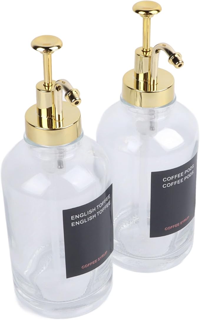 Fydun 2PCS Glass Syrup Pump Dispensers with 9 Labels and Silicone Funnel - Elegant Bar Accessory for Coffee Oils and Dressings - 500ml Acity - Gold Finish