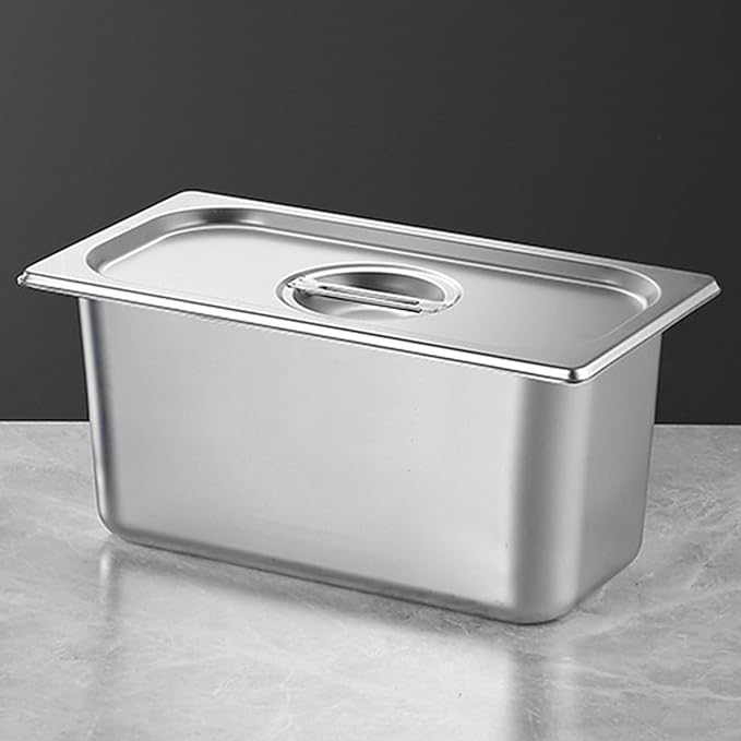 Stainless Steel 1/3 Size Kitchen Pan with Lid for Commercial Food Preparation and Space Saving Storage Container